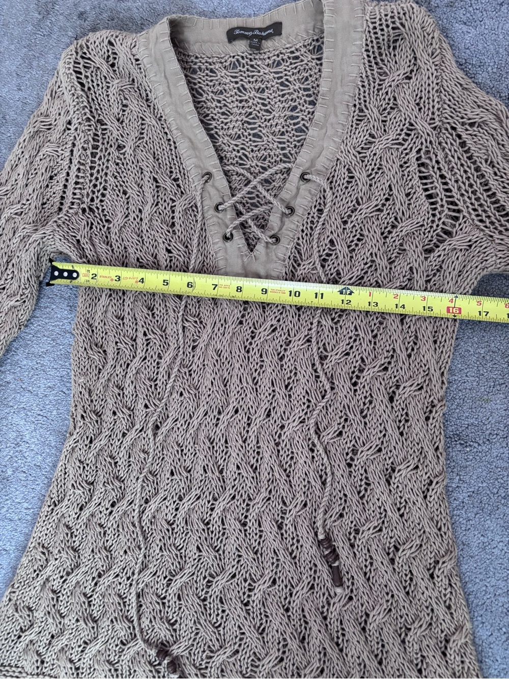 Tommy Bahama Women Linen Blend Chunky Cable Knit Lace Up Tunic Sweater Taupe - Picture 5 of 9